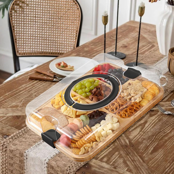 Wurstwarenbrett mit Deckel, 41, 9 x 33 cm Bamboo Charcuterie Boards mit klarem Deckelgriff, 6 Fächer