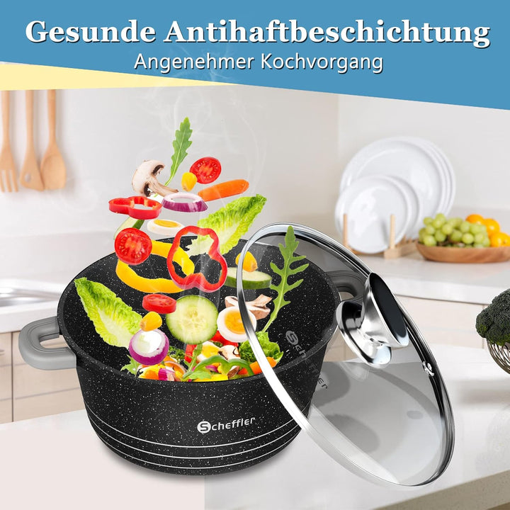 Topfset Scheffler 20cm,2.2L&24cm,4L&28cm,6L&32cm,10L, Kochtopf Set mit Glasdeckel, mit Antihaftbesch