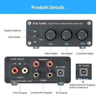 Fosi Audio TB10A 2 Kanal Stereo Audio Verstärker Empfänger Mini Hi-Fi Class D Vollverstärker 2.0CH f