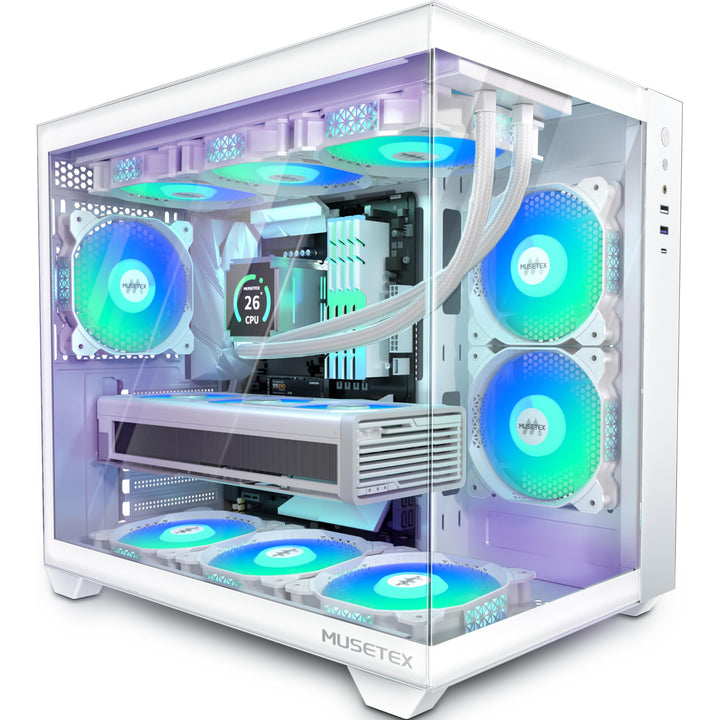 MUSETEX PC Gehäuse ATX,6 PWM ARGB Lüfter vorinstalliert,360MM Rad Unterstützung,Type-C Gaming PC Geh