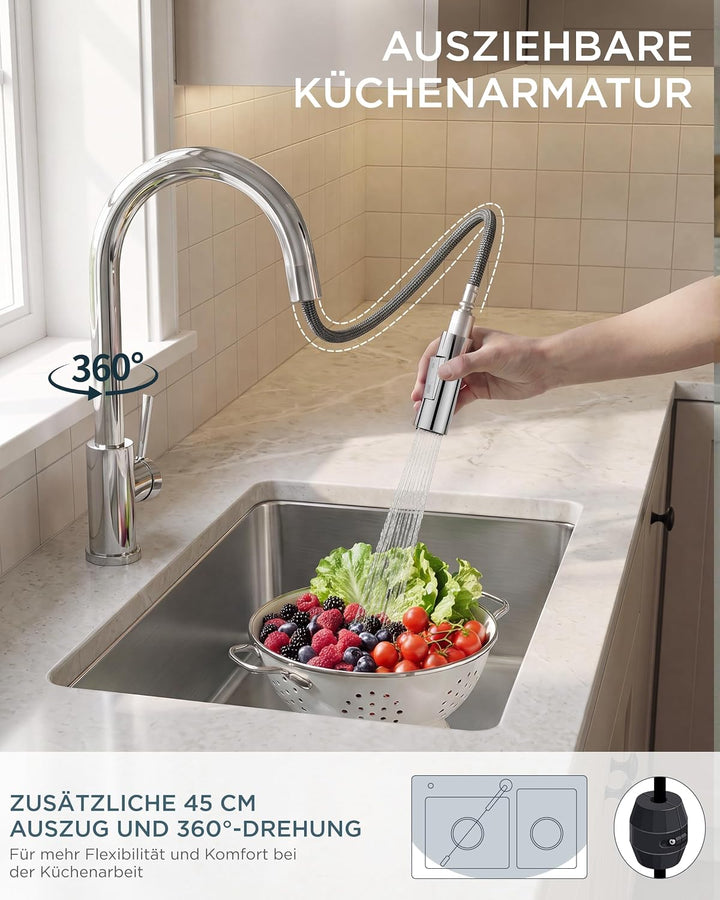 FORIOUS Niederdruck Küchenarmatur, Wasserhahn Küche mit Handbrause mit 2 Sprühmodi, 360 ° Drehbar, S