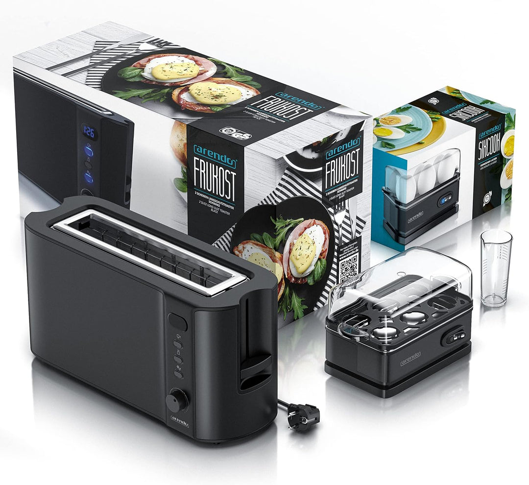 Arendo - SET Toaster FRUKOST mit Eierkocher SIXCOOK Edelstahl Schwarz, Toaster 2 Scheiben, LED-Displ