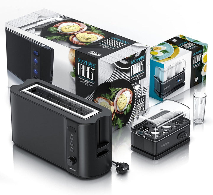 Arendo - SET Toaster FRUKOST mit Eierkocher SIXCOOK Edelstahl Schwarz, Toaster 2 Scheiben, LED-Displ