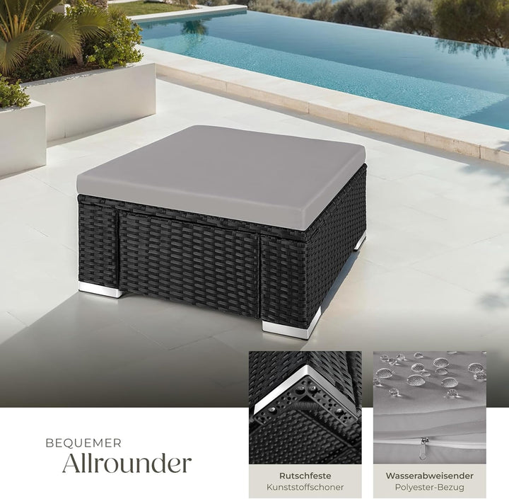 tectake® witterungsbeständiger Outdoor Rattan Hocker mit abnehmbarem Kissen, Lounge Hocker, Balkon M
