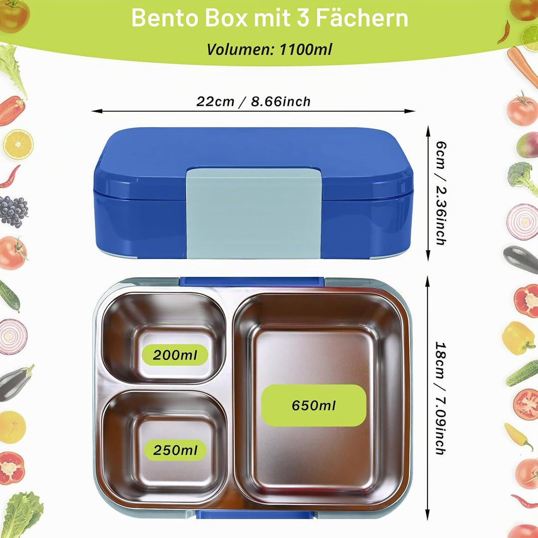 Brotdose mit 3 Fächern, 1100ml Edelstahl-Lunchbox für Kinder und Erwachsene Auslaufsicherer Lebensmi