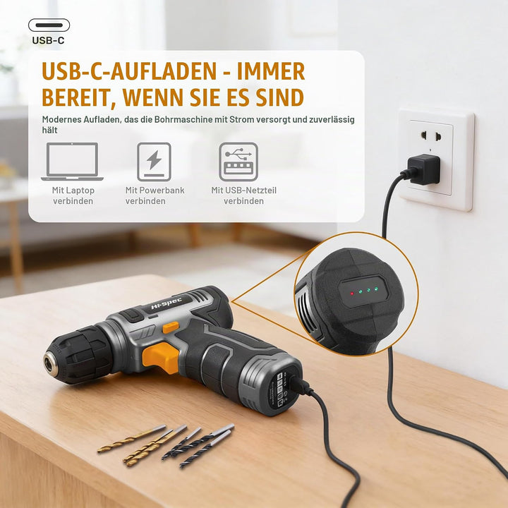 Hi-Spec 8V USB Akku-Bohrschrauber- und Starter-Heimwerkerset. Kabelloser &amp; wiederaufladbarer Elektro