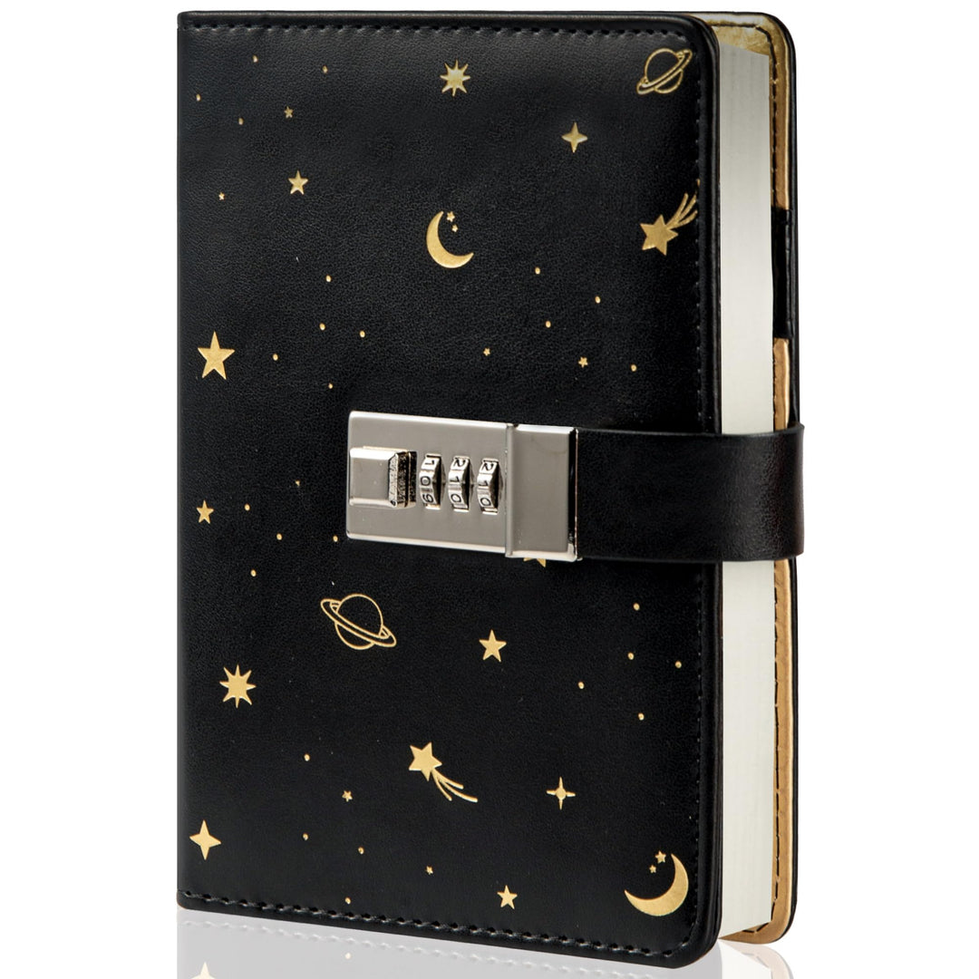 Starry Leder-Tagebuch mit Schloss, nachfüllbarer Papierbindung, Passwort-Tagebuch, geheimes A6 Schre
