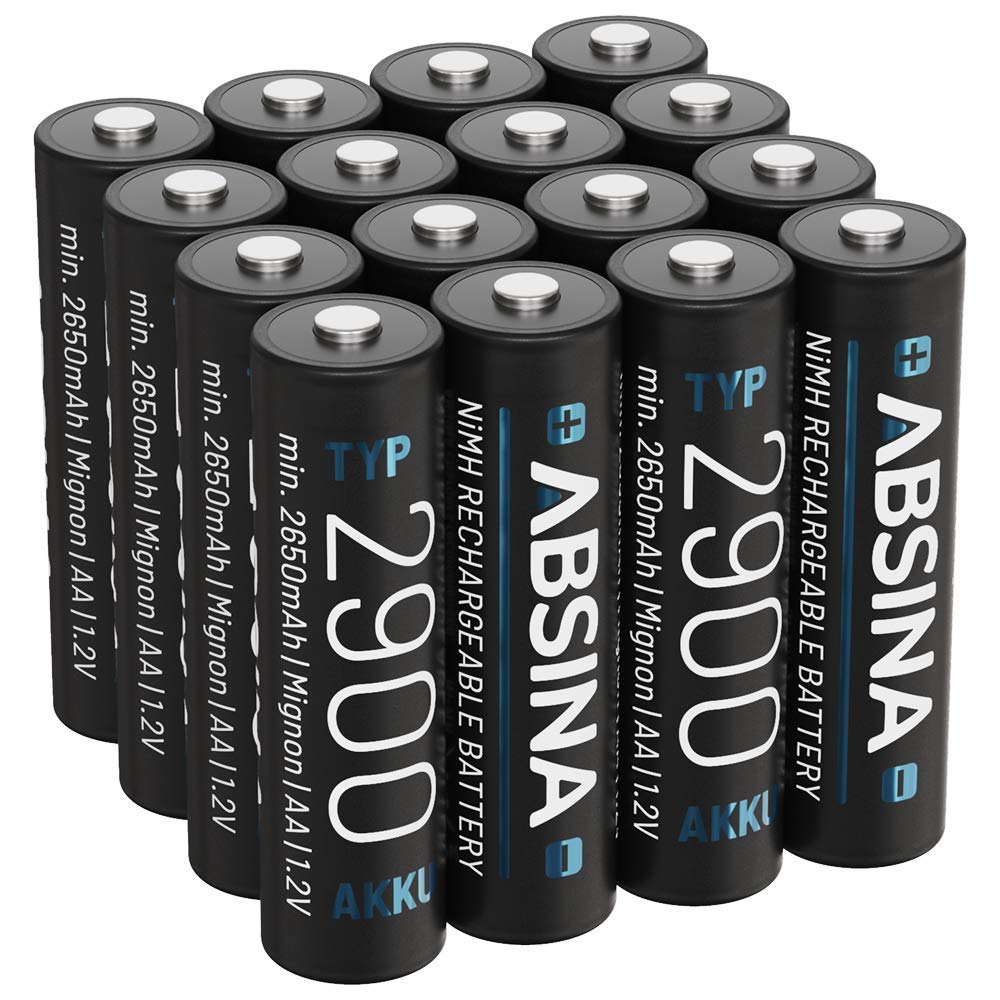 ABSINA Akku AA wiederaufladbar 2900 16er Pack - NiMH AA Akku mit 1,2V & min. 2650mAh - Aufladbare Ba