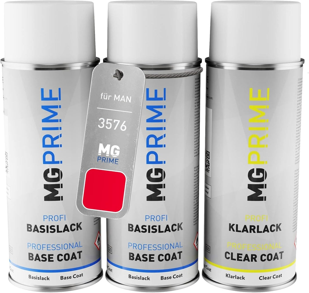 MG PRIME Autolack Sprühdosen Set für MAN 3576 Rot Grundlack Basislack Klarlack Spraydose 400ml