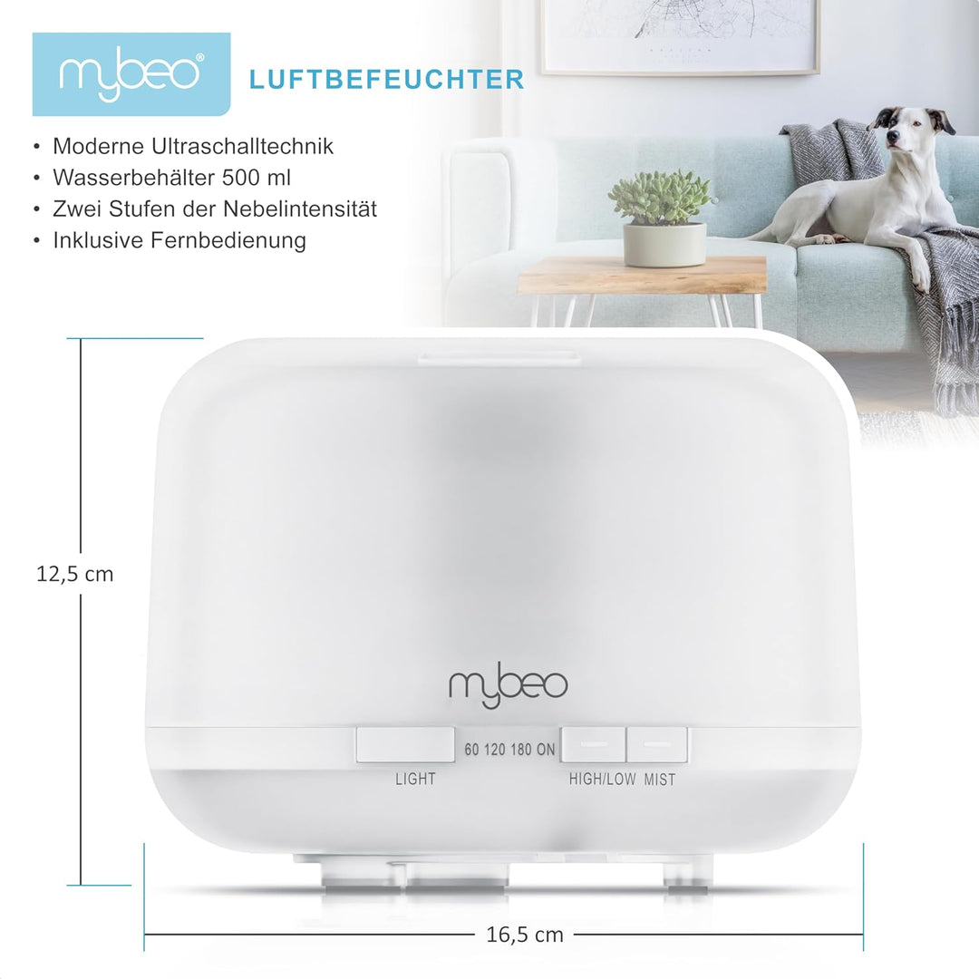 mybeo Luftbefeuchter – Fernbedienung - 2 Nebelstufen – Timer – RGB Beleuchtung – Schlafzimmer Kinder