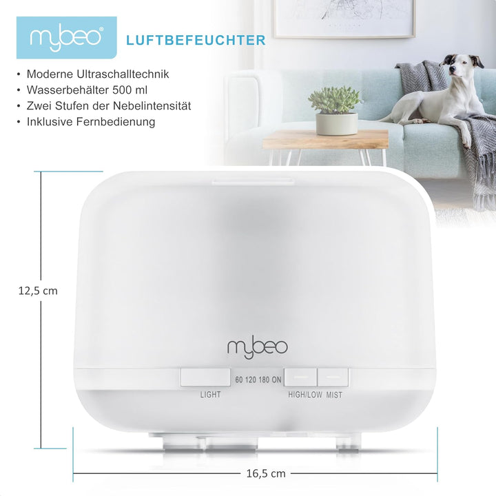 mybeo Luftbefeuchter – Fernbedienung - 2 Nebelstufen – Timer – RGB Beleuchtung – Schlafzimmer Kinder