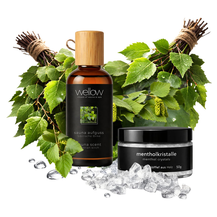 Banja-Set für Sauna | 2x Birkenquasten + Saunaaufguss Sibirische Birke + Mentholkristalle | Für trad