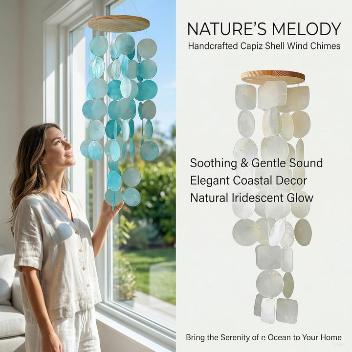 Muschel Windspiel aus echten Capiz Muscheln, Boho Deko Hängend für Balkon Garten Terrasse, 45 cm Win