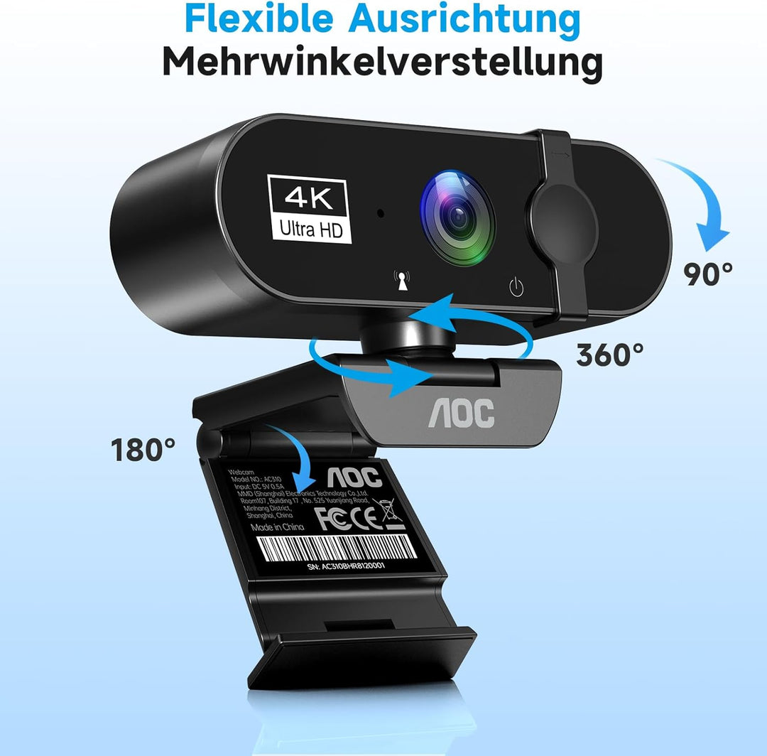 AOC Webcam 4K Ultra HD, Webcam mit Mikrofon & Objektivabdeckung, PC Kamera Plug & Play, 99° Ansicht,