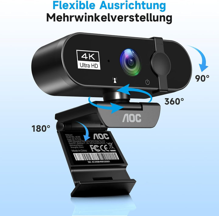AOC Webcam 4K Ultra HD, Webcam mit Mikrofon & Objektivabdeckung, PC Kamera Plug & Play, 99° Ansicht,