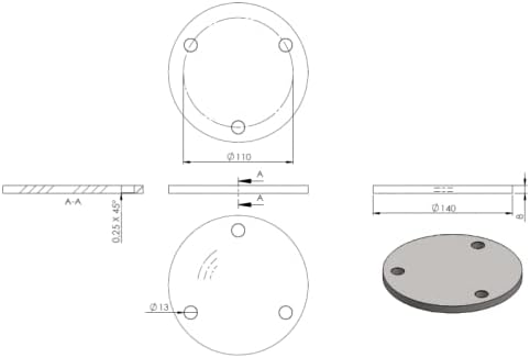 Ronde ø 140mm, Stärke 8mm, mit drei ø 13mm Bohrungen, einseitig geschliffen, mit Rundschliff