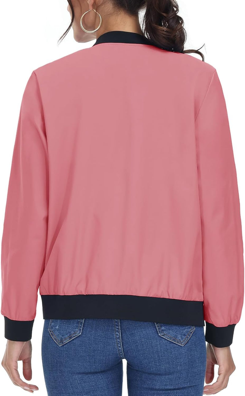 TACVASEN Damen Leicht Bomberjacke Casual College Jacket Sommer Fliegerjacke Sweatjacke M Rosa, M Ros