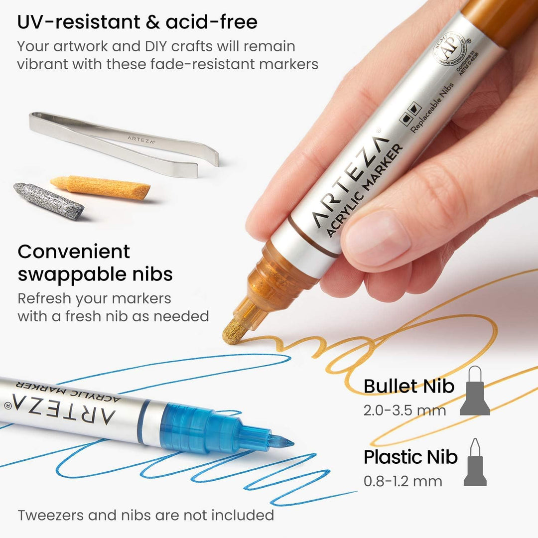 ARTEZA Acrylstifte Metallic, 20er Set verschiedene Acrylmarker mit austauschbaren Spitzen, metallic