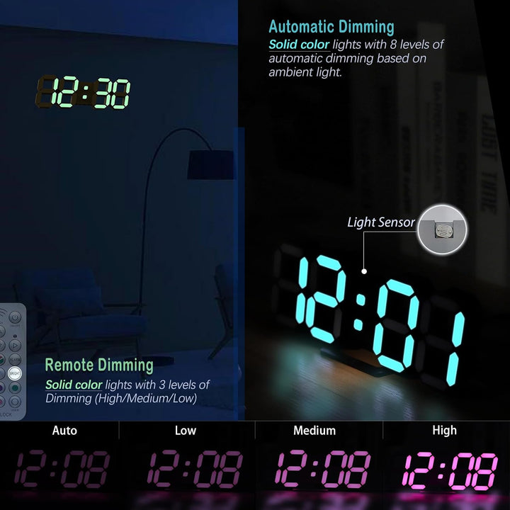 LED-Digitaluhr, Neonuhr, 24,6 cm, schwarz, Gaming-Uhr, RGB-LED-Wanduhr für Wohnzimmer, Schreibtischu