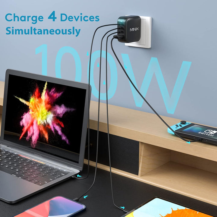 MiniX NEO P3 100W Turbo 4-Ports GaN Wall Charger, 3 x USB-C Port Fast Charging Adapter(Max 100W/20W)