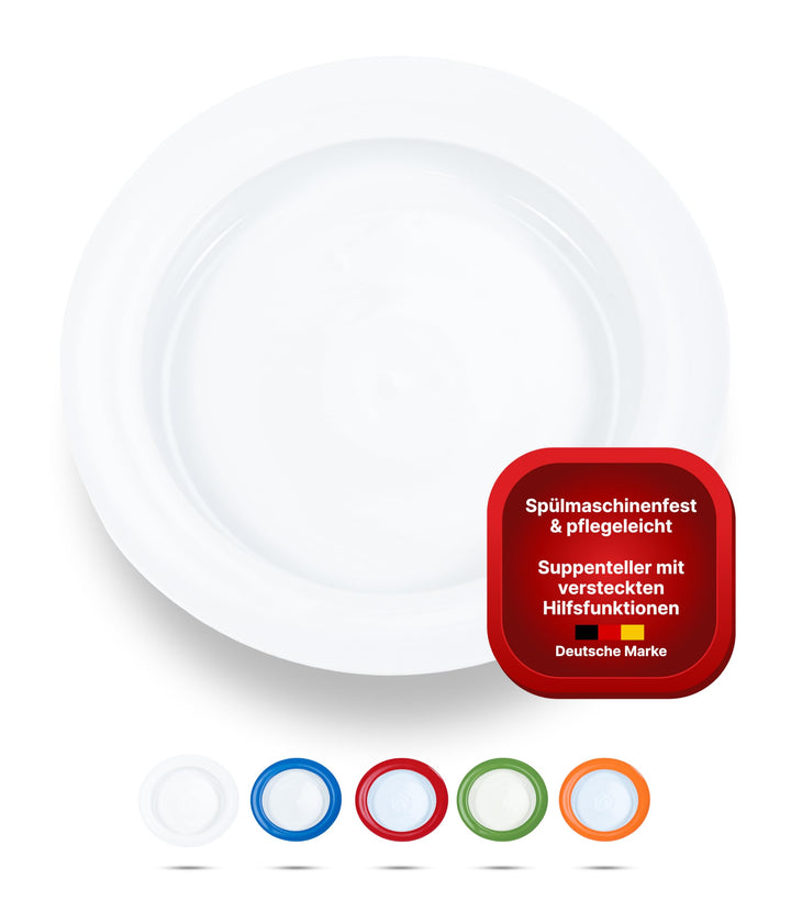 unisonoPLUS Suppenteller Porzellan Weiss 22 cm – Spezialteller mit Schiebekante, rutschfest, spülmas