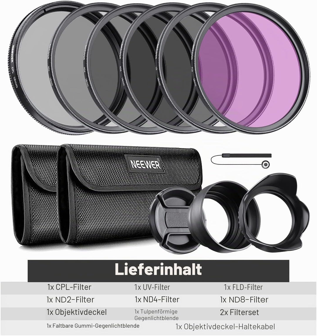 NEEWER Objektiv Filter Set 58mm UV CPL und ND Filters(ND2, ND4, ND8) FLD Filter, Tulpenförmiger Blen