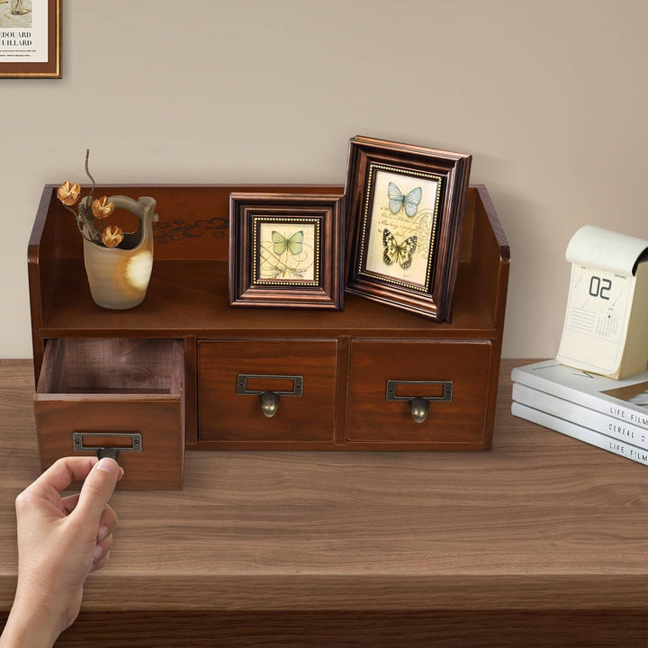 Schreibtisch Organizer Schubladenbox Holz Vintage 38.5*14.5*18.5cm Aufbewahrungsbox Mit 3 Schubladen