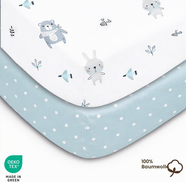 2X Spannbettlaken 90x55 cm 100% Baumwolle + 1X Matratzenschoner 100% wasserdichtem Material - Set 3X