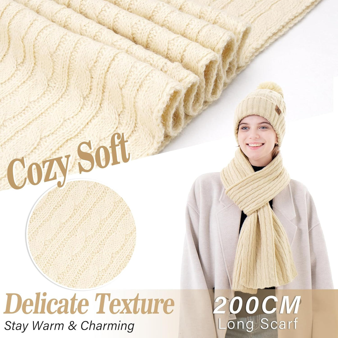 Bequemer Laden Damen Winter Warm Pompom Mütze Touchscreen Handschuhe Lang Schal Set mit Fleece Gefüt