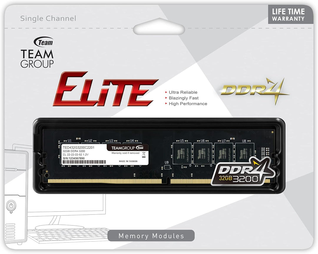 TEAMGROUP Elite TED432G3200C2201 DDR4 32GB Single (1 x 32GB) 3200MHz (PC4-25600) CL22 Unbuffered Non
