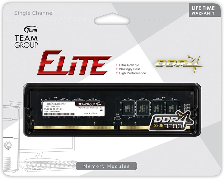 TEAMGROUP Elite TED432G3200C2201 DDR4 32GB Single (1 x 32GB) 3200MHz (PC4-25600) CL22 Unbuffered Non