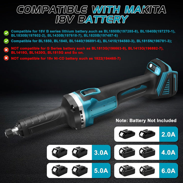 Akku Geradschleifer Kompatibel mit Makita 18V Batterie, Bürstenlos Geradeschleifer6mm Bohrfutter und