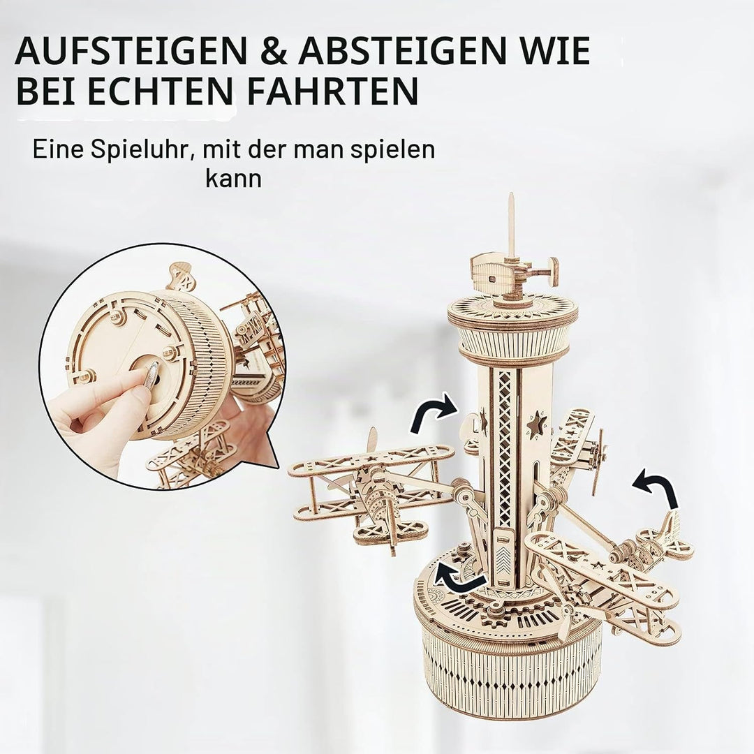 Robotime 3D Holzpuzzle Spieluhr Modellbausatz Mechanische Flugkontrollturm Holz Bastelset für Kinder