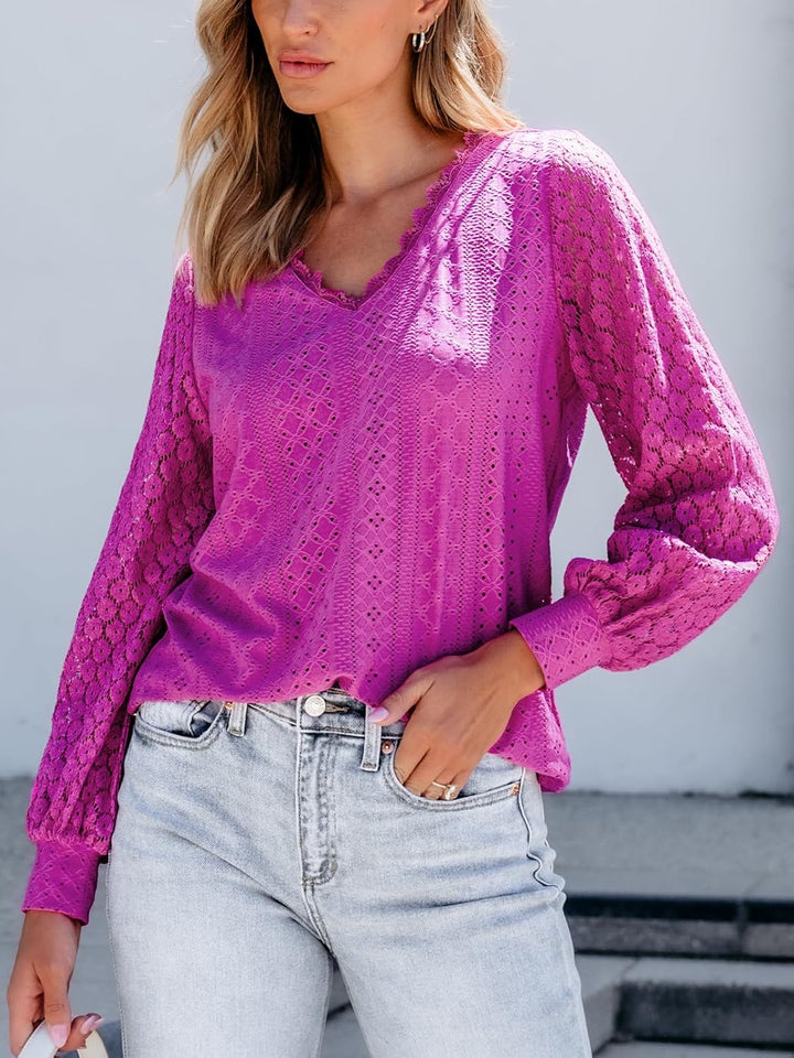 CUPSHE Damen Blusen V-Ausschnitt Spitzen Wellenkante Puffärmel Langarmshirt Lässige Lace Oberteile T