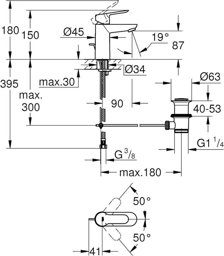 GROHE BauEdge - Einhand-Waschtischarmatur (wassersparend, langlebige Oberfläche, S-Size), chrom, 233