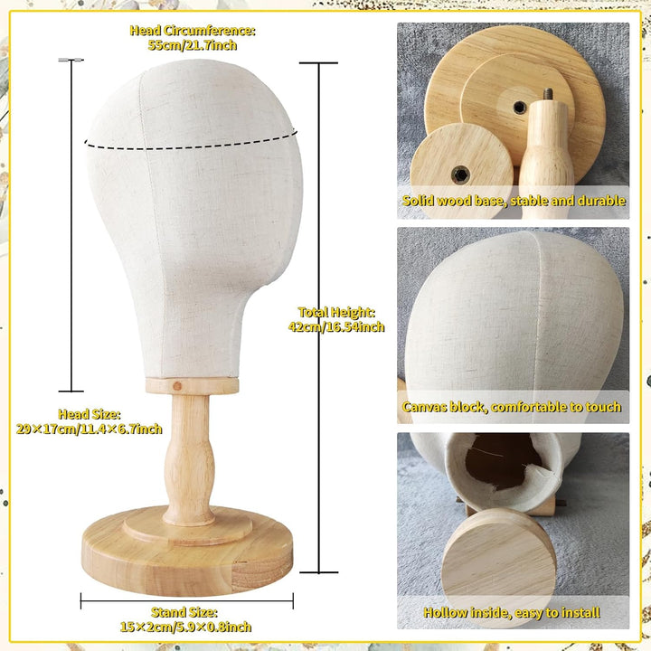 Perückenkopf-Ständer, 53,3 cm, Mannequin-Kopf, Kuppel, Leinwand + abnehmbarer Holzständer, Hutkappen