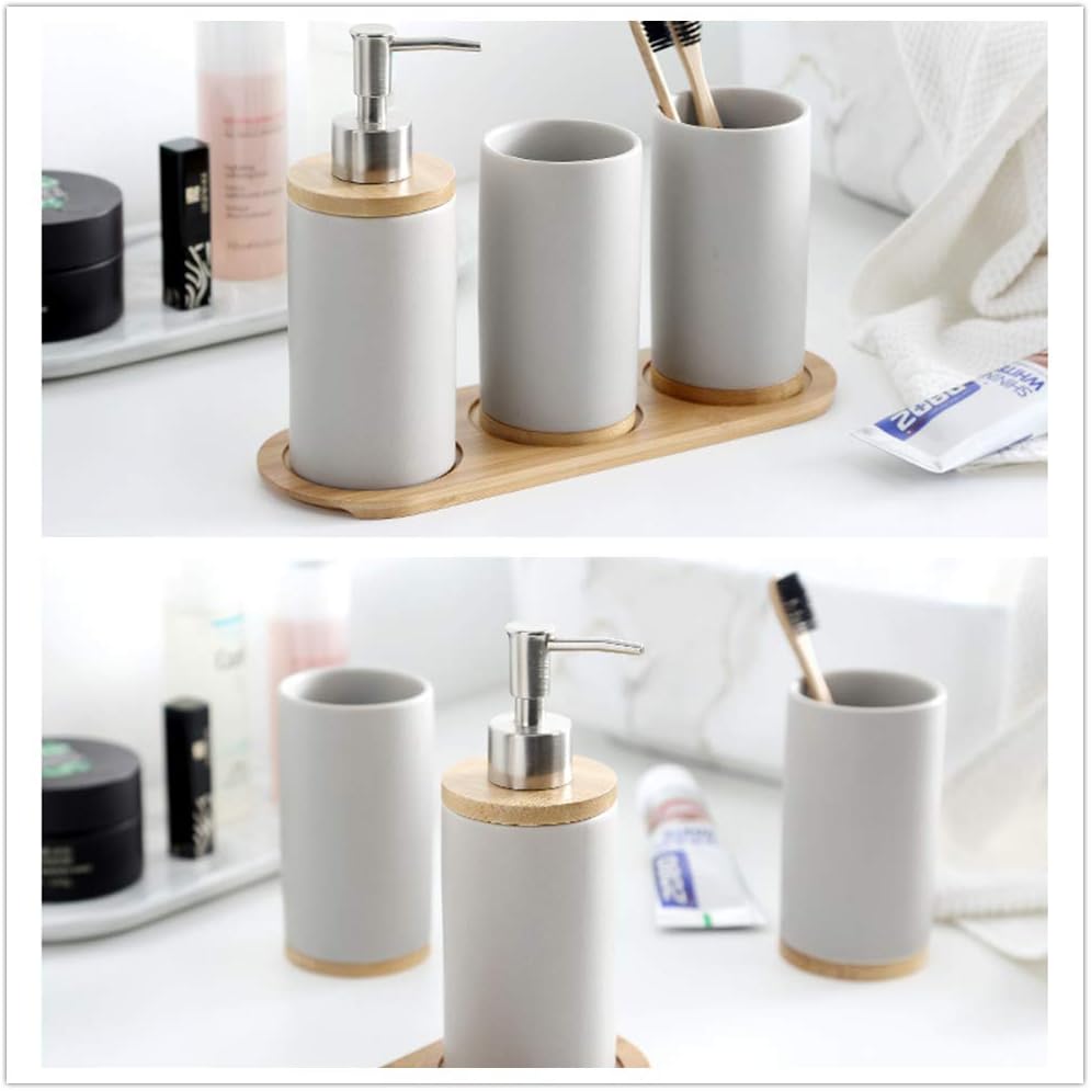 Badezimmer Accessoires Set Keramik, 4-teilig, Zahnbürstenhalter, Seifenspender, Bambus Fach, Zahnput