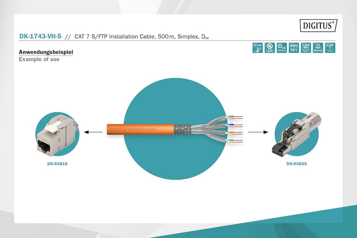 DIGITUS 500 m Cat 7 Netzwerkkabel - S-FTP (PiMF) Simplex - BauPVO Dca - LSZH Halogenfrei - 1200 MHz