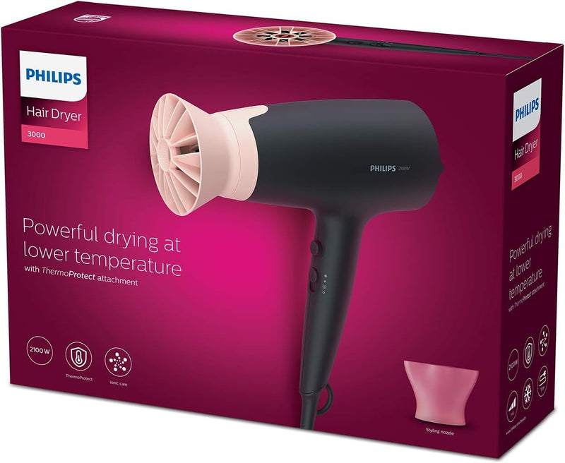 Philips Series 3000 Haartrockner mit ThermoProtect Aufsatz - 2100W, Ionisierungsfunktion, 6 Hitze- u