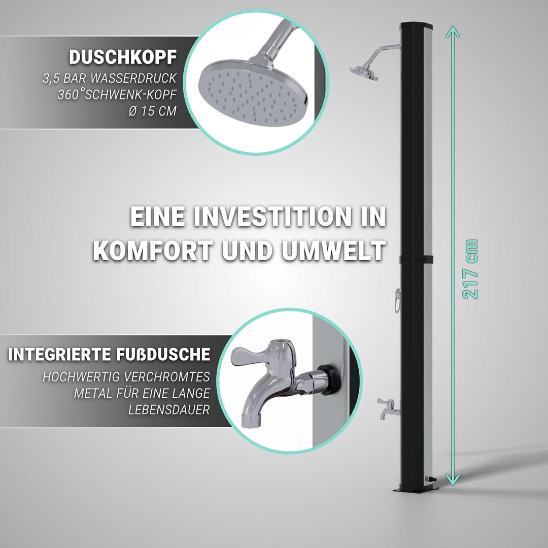 HAGO Solardusche | 35L | eckig | Schwarz/Silber | Pooldusche | Campingdusche | Gartendusche | Outdoo