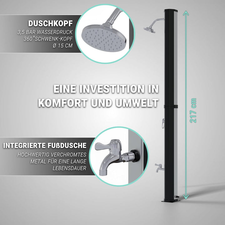HAGO Solardusche | 35L | eckig | Schwarz/Silber | Pooldusche | Campingdusche | Gartendusche | Outdoo