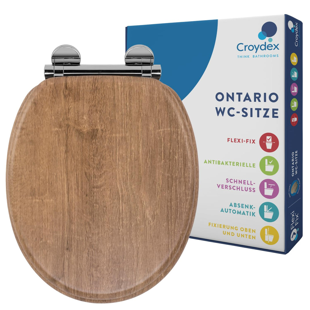Croydex Ontario WC Sitz mit Absenkautomatik aus Holz – Flexi-Fix Einfache Montage - Schnellverschlus