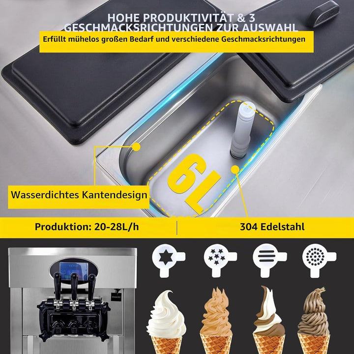 Kommerzielle Eismaschine, 20–28 L/h Leistung, 2200 W, Freistehende Softeismaschine mit 3 Geschmacksr