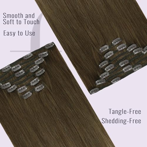 Fshine Clip in Extensions Echthaar 35cm 7 Pcs 120 Gramm Braun Doppelt Tressen Echthaar Haarteil 100%