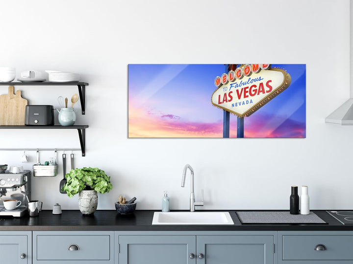 Glasbild Panorama | Wandbild aus Echtglas | Las Vegas Schild in der Dämmerung | 100x40 cm | inkl. Au
