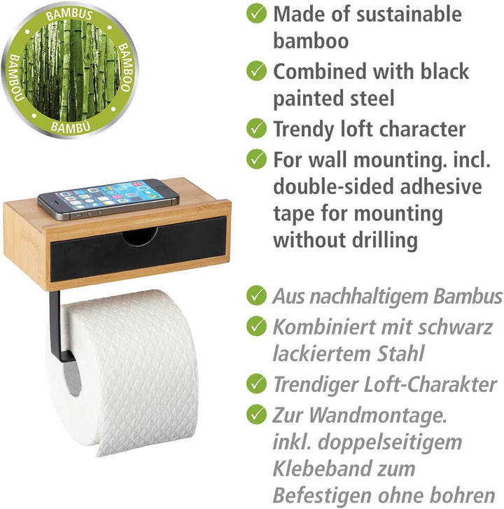 WENKO Toilettenpapierhalter Mod. Bambusa mit Ablage aus Bambus und Schublade, inkl. Befestigungsmate