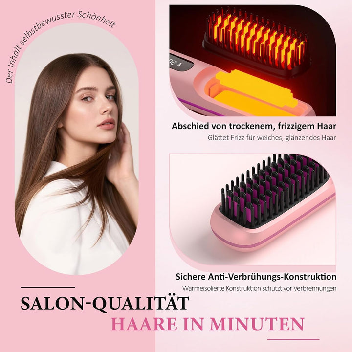 Go Brush Pro Glättbürste Kabellos, Stylingbürste für kurze Haare Langes, Glättungsbürste mit LCD-Anz