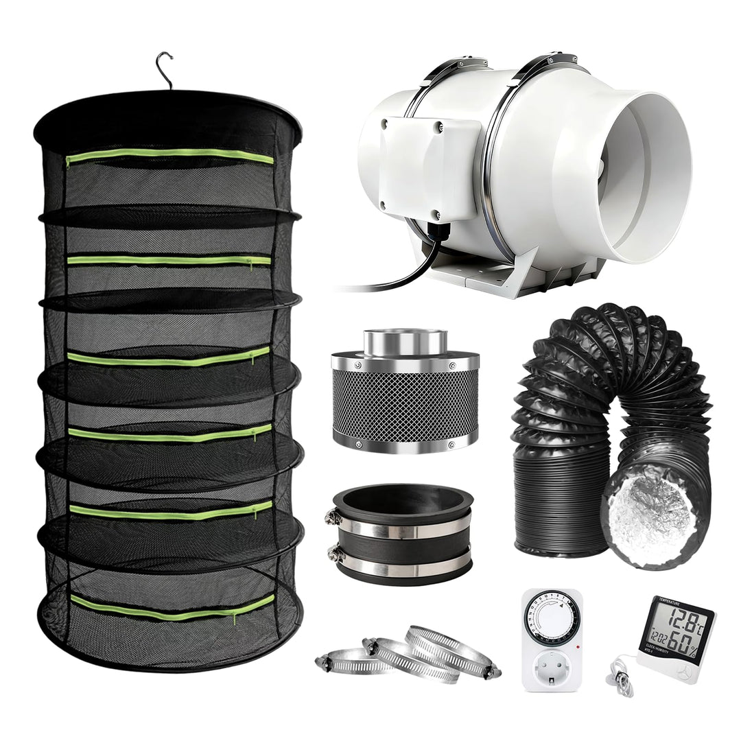 Grow Trockenbox Set Rohrventilator 100mm Set 220 m³/h Abluftset mit Abluftventilator,Aktivkohlefilte