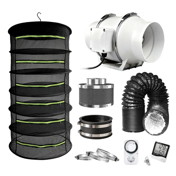 Grow Trockenbox Set Rohrventilator 100mm Set 220 m³/h Abluftset mit Abluftventilator,Aktivkohlefilte