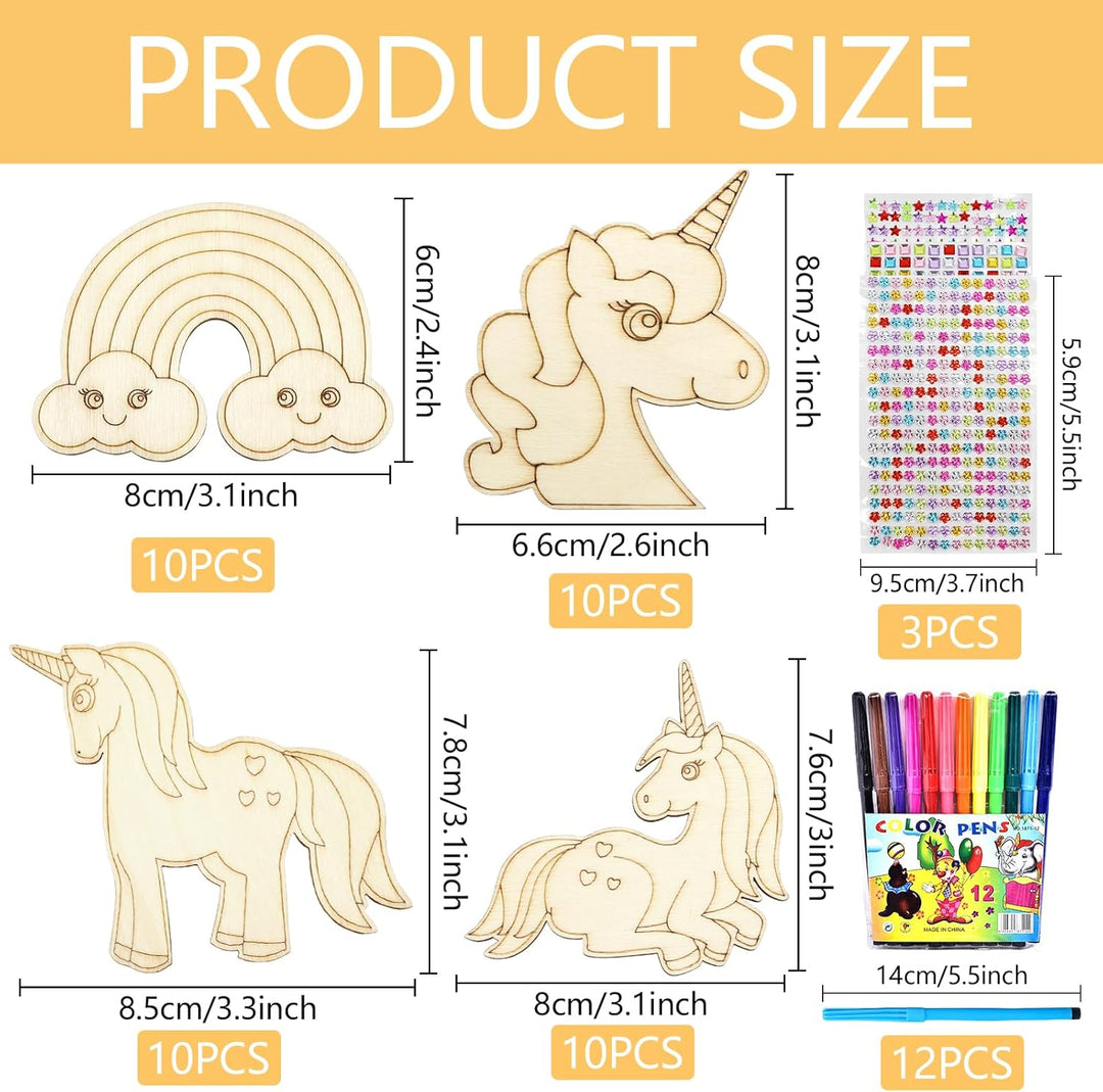 Einhorn Holz Bastelset 40 Stück Einhorn Holz Kindergeburtstag mit 12 Aquarellstiften + 3 Glitzeraufk
